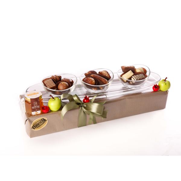 3 Dip Dishes & Tray: Glass Tray (Vidivi-Italy) with three glass dishes filled with choc pralines