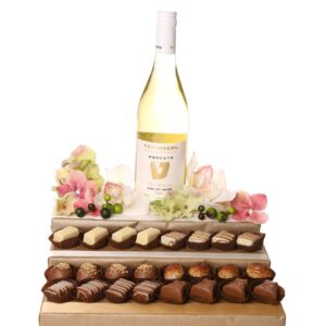 Teperberg White Wine On 24-Pc Chocolate Praline Floral Platform (Dairy Shown, Option For Non-Dairy)