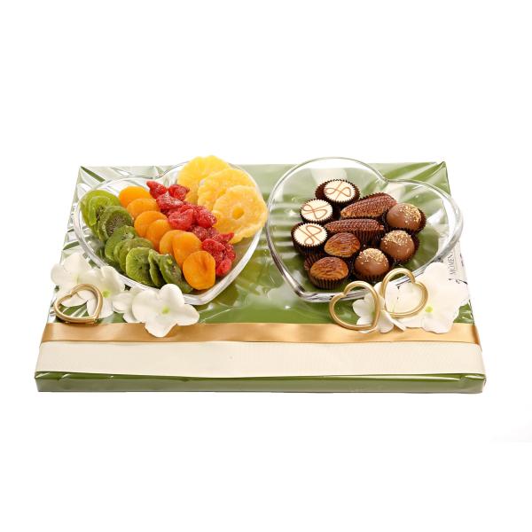 Duo Heart Shaped Crystal Dishes with Choc Pralines & Dried Fruit