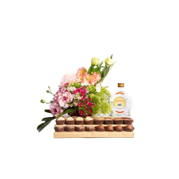 Fresh Flowers on 24 Pc Choc Platform with Slivovitz Brandy