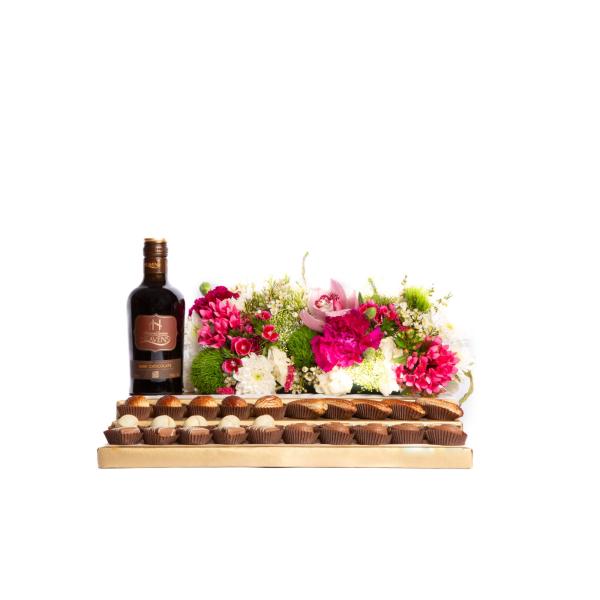 Fresh Flowers on 30 Pc Choc Platform with Liqueur