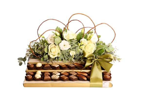 Splendid Fresh Flower Arrangement on 30 Pc Choc Praline Platform