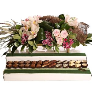 Fresh Floral Centerpiece on 26 Pc Choc Praline Platform