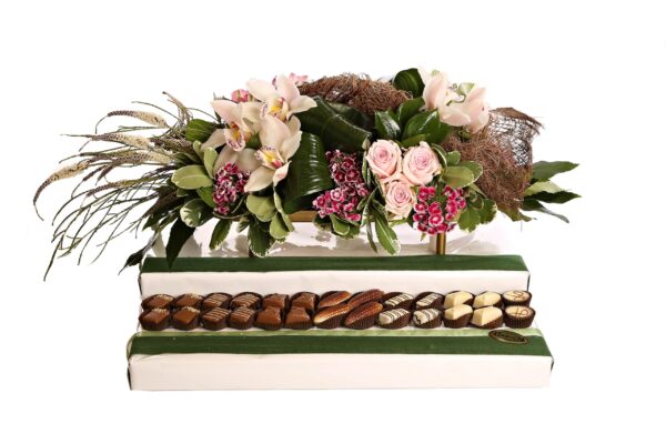 Fresh Floral Centerpiece on 26 Pc Choc Praline Platform