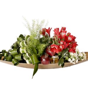 Bouquet on Gold Tray with Pom and Honey