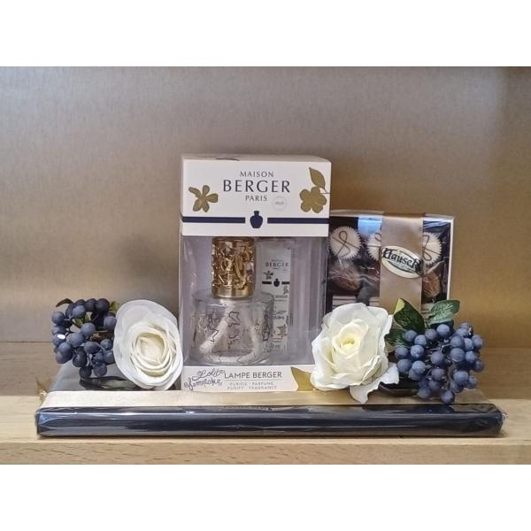 Lampe Berger fragrance lamp beautifully arranged with a 12-praline box of Hauser chocolates.