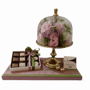 Flowers in Domed Cake Tray with 12-Pc Choc Praline Box