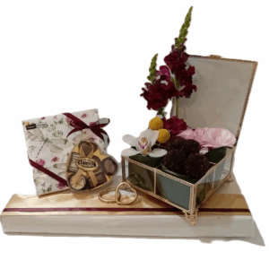 Fresh Florals in a Teabag Holder with Napkins and 6-pc choc box