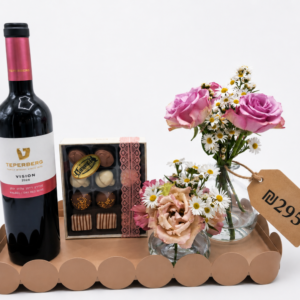 Wine, Choc Box, Fresh Florals in Bud Vases on Scalloped Tray
