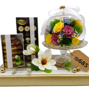 Cake Dish with Fresh Flowers, Praline Box and Butterbliss Cookies