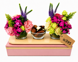 Dip Dishes on Wooden Board with Fresh Florals and Chocolates