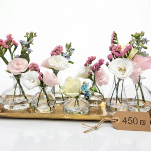 Pastel Fresh Florals in Bud Vases on Gold Tray